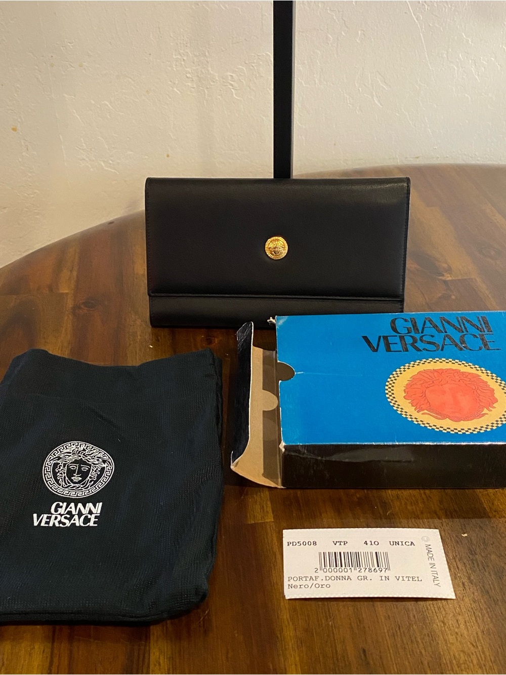 Gianni Versace Black Leather Wallet with Gold Medallion